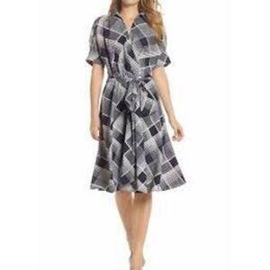 NWT women’s ELIZA  J navy blue Plaid Surplice Midi Dress with waist tie size 8